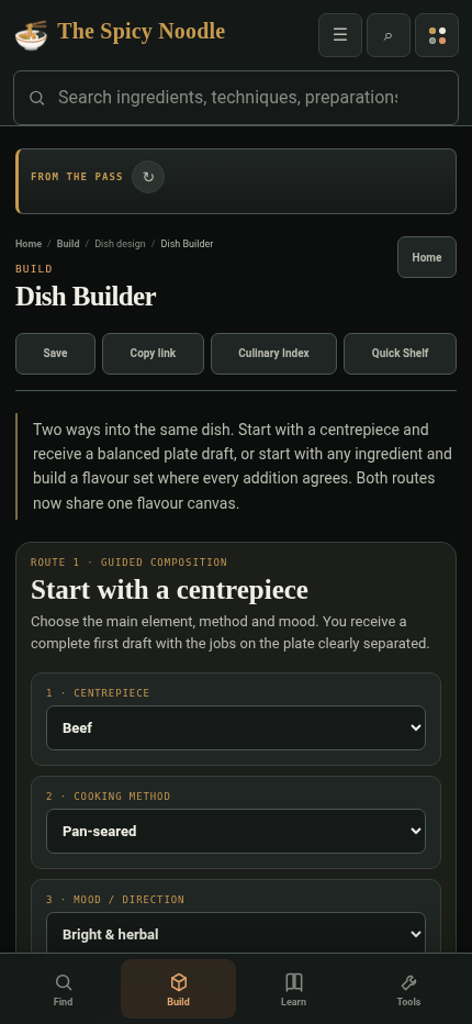 The Spicy Noodle on a phone, with bottom navigation sized for one-handed use in a working kitchen.