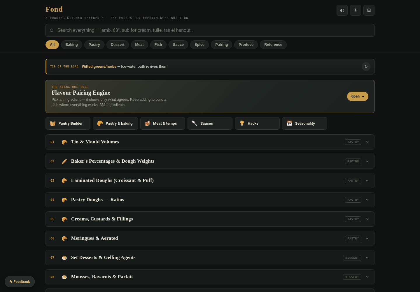 Fond v1.0 home screen, with a search field, category filters and collapsible reference sections.