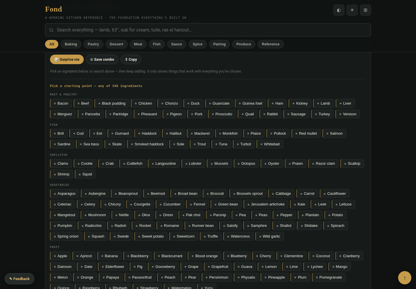 The Fond flavour pairing engine, suggesting culinary combinations from selected ingredients.