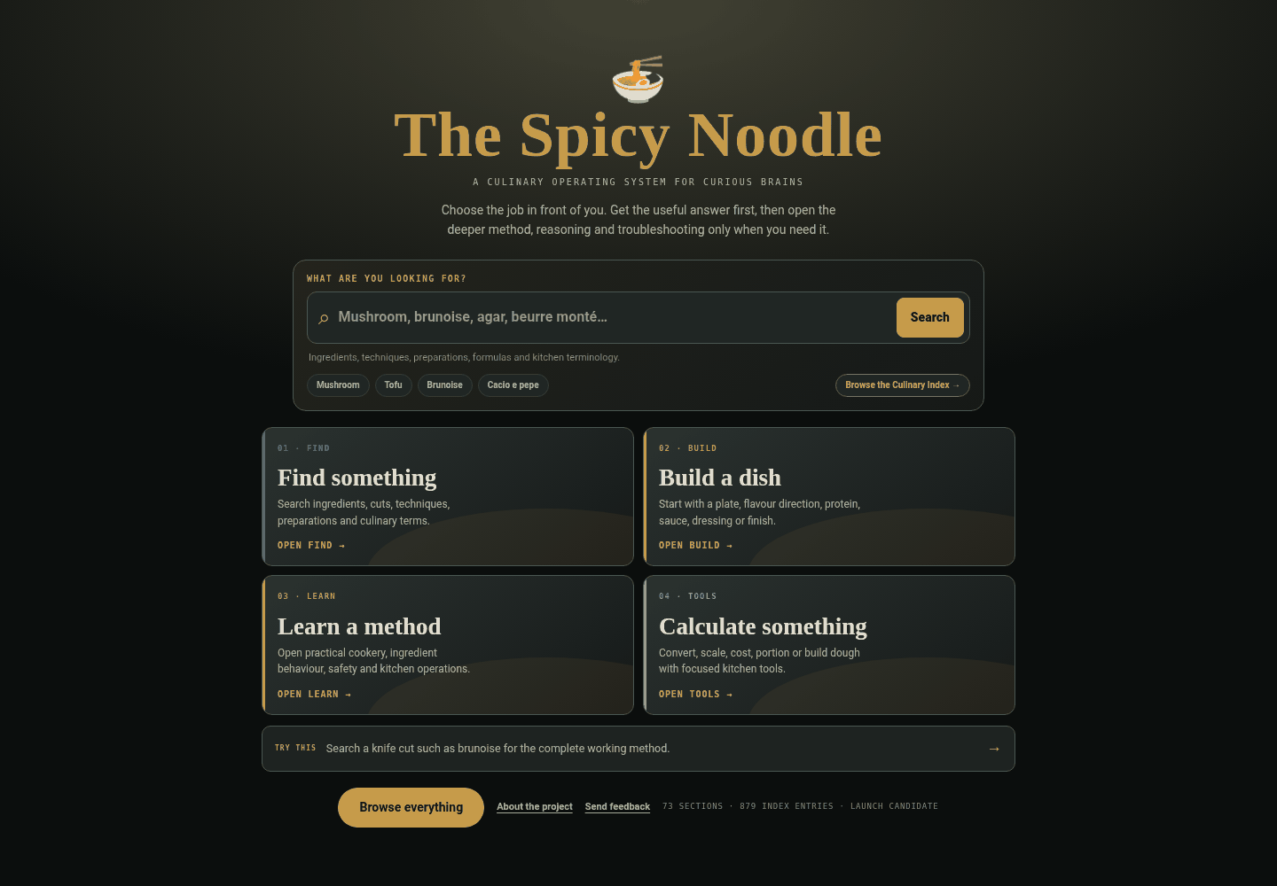 The Spicy Noodle v3.5.1 home screen, organised into Find, Build, Learn and Tools workspaces.