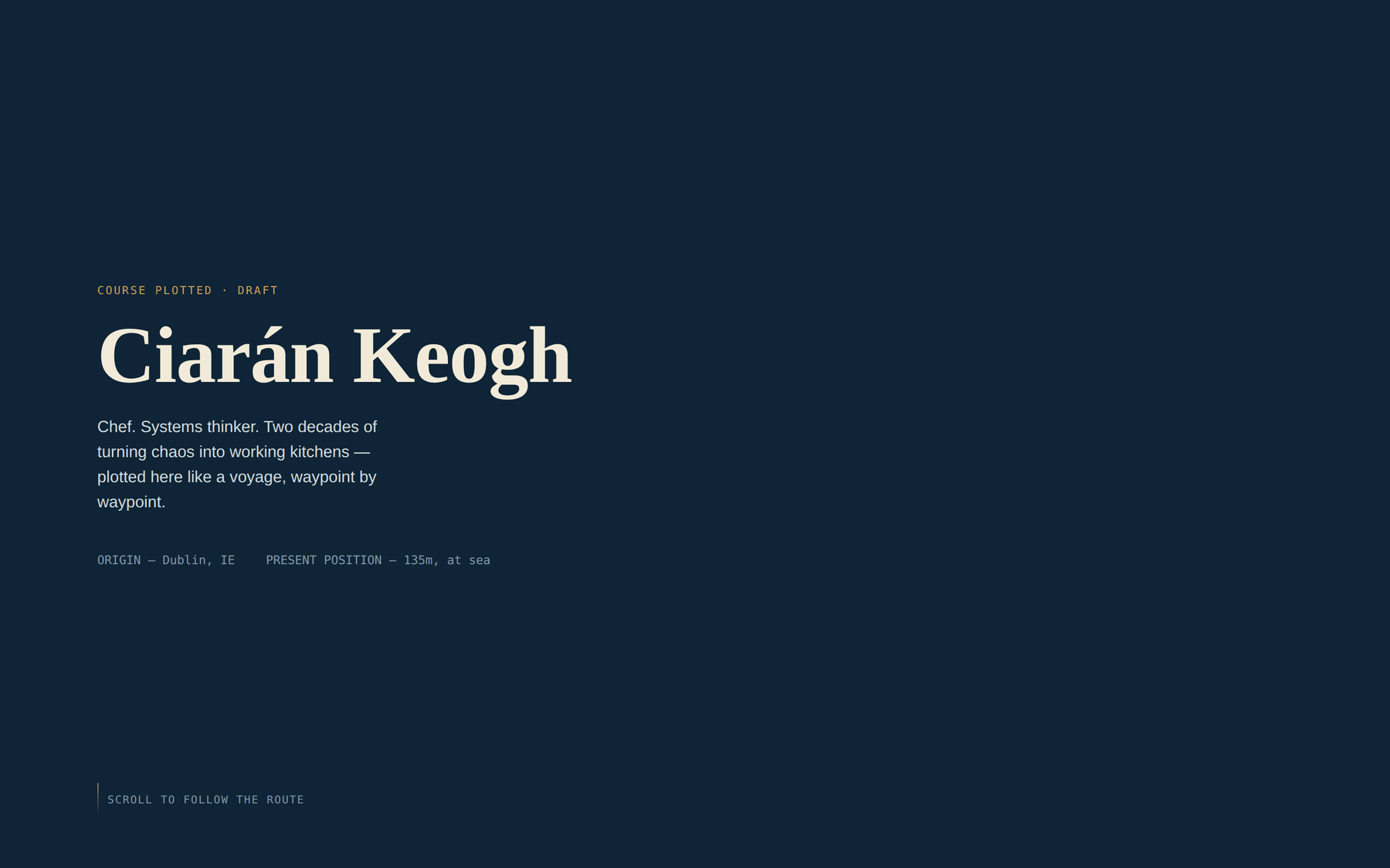 The expedition portfolio: a parchment chart headed An account of the travels and works of Ciarán Keogh, with a dashed route across Ireland, British Columbia, Aotearoa and Iberia.