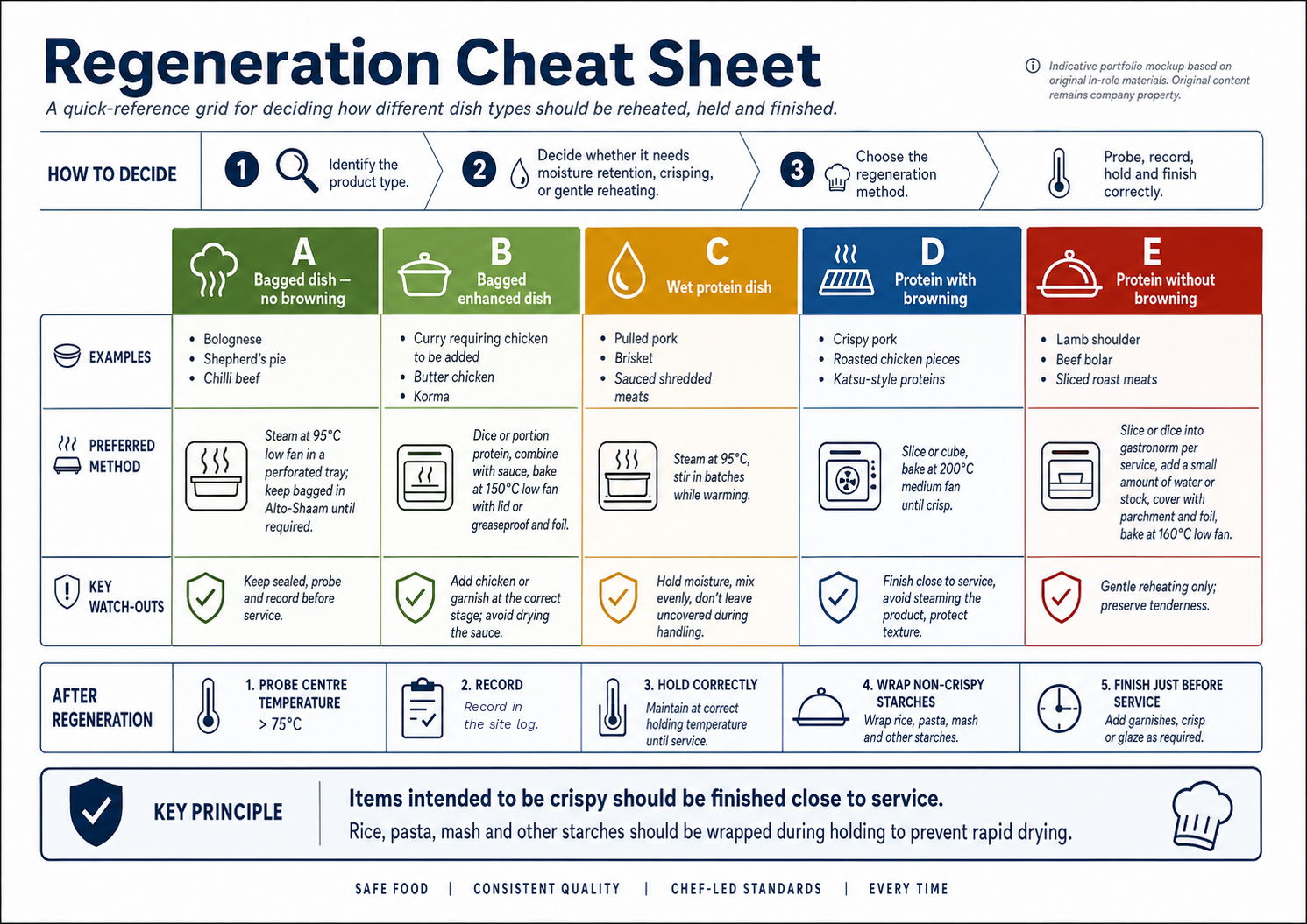A regeneration quick-reference grid: a three-step decision sequence across the top, then the five classes with examples, preferred method and key watch-outs for each.