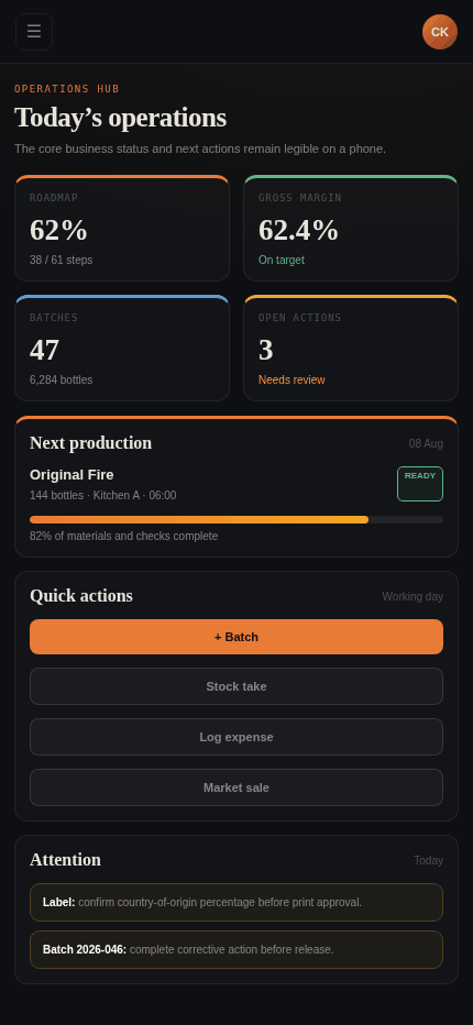 Scorcher Bay's operations overview on a phone, showing the pathway and current status in a single-column layout.