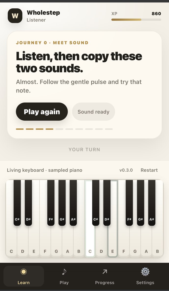 A lesson screen reading 'Listen, then copy these two sounds,' with a play button and a keyboard below.