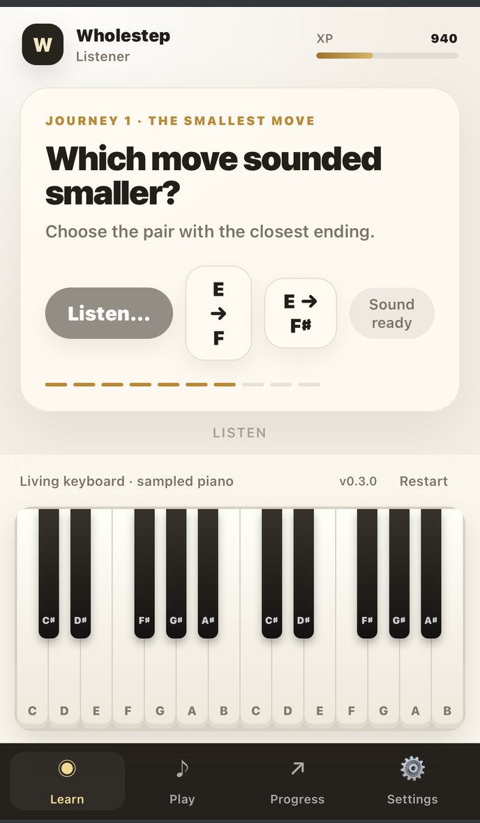 A lesson asking which move sounded smaller, with two options and a listen control.