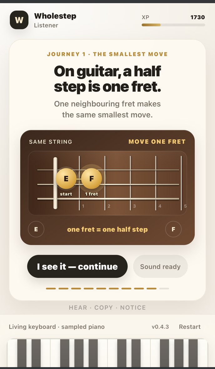 A screen reading 'On guitar, a half step is one fret,' with a fretboard diagram.