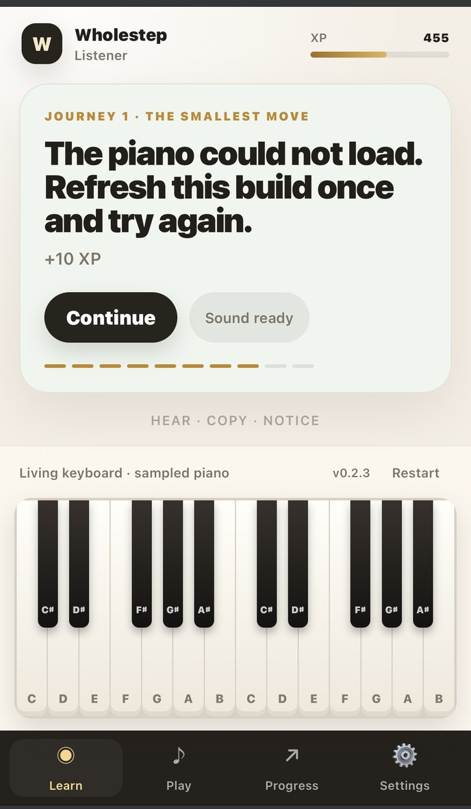 An error screen reading 'The piano could not load. Refresh this build once and try again.'